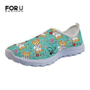 Youwuji Fashion Flats Ladies Shoes Fashion Casual Sneakers Black Women Cartoon Cute Nurse Bear Pattern Light Mesh Shoes for Female