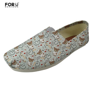 Youwuji Fashion White Cute Nurse Bear Pattern Women Flats Shoes Thomas Canvas Casual Shoes for Female Comfortable Flat Women's Lazy