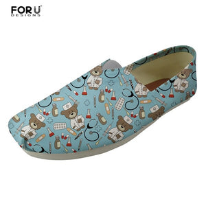 Youwuji Fashion White Cute Nurse Bear Pattern Women Flats Shoes Thomas Canvas Casual Shoes for Female Comfortable Flat Women's Lazy