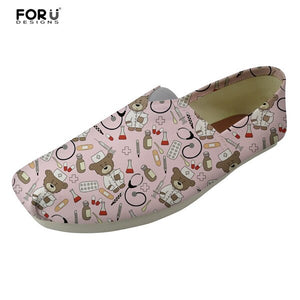 Youwuji Fashion White Cute Nurse Bear Pattern Women Flats Shoes Thomas Canvas Casual Shoes for Female Comfortable Flat Women's Lazy