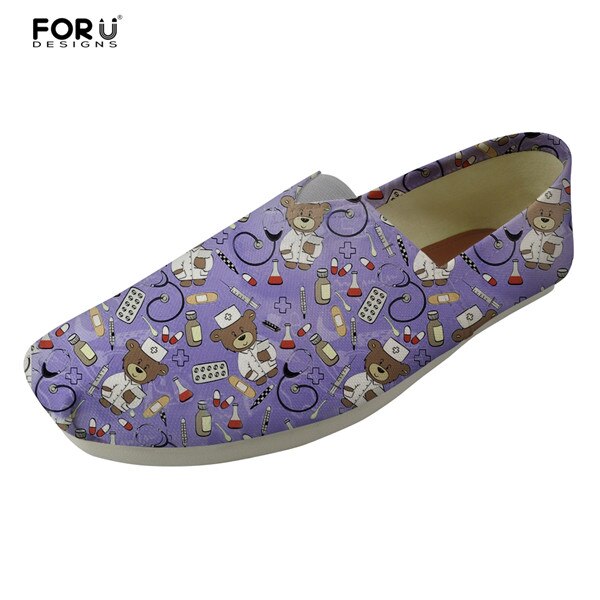 Youwuji Fashion White Cute Nurse Bear Pattern Women Flats Shoes Thomas Canvas Casual Shoes for Female Comfortable Flat Women's Lazy