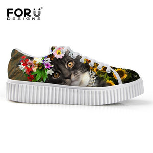 Youwuji Fashion Breathable Women Shoes Flat Platform Shoes Teenage Girls 3D Pet Cat Print Spring Autumn Flats Female Casual Thick Creepers Shoes