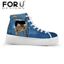 Load image into Gallery viewer, Youwuji Fashion Stylish Womens High Top Platform Shoes,Cute Pet Cat Blue Denim Printed Shoes for Ladies,Casual Lace-up Shoes Flats
