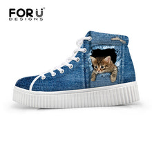 Load image into Gallery viewer, Youwuji Fashion Stylish Womens High Top Platform Shoes,Cute Pet Cat Blue Denim Printed Shoes for Ladies,Casual Lace-up Shoes Flats
