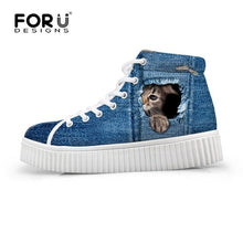 Load image into Gallery viewer, Youwuji Fashion Stylish Womens High Top Platform Shoes,Cute Pet Cat Blue Denim Printed Shoes for Ladies,Casual Lace-up Shoes Flats
