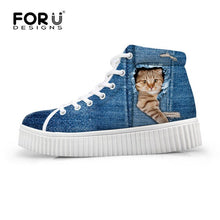 Load image into Gallery viewer, Youwuji Fashion Stylish Womens High Top Platform Shoes,Cute Pet Cat Blue Denim Printed Shoes for Ladies,Casual Lace-up Shoes Flats
