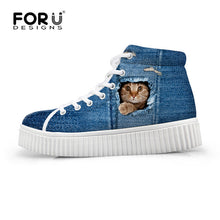 Load image into Gallery viewer, Youwuji Fashion Stylish Womens High Top Platform Shoes,Cute Pet Cat Blue Denim Printed Shoes for Ladies,Casual Lace-up Shoes Flats
