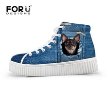 Load image into Gallery viewer, Youwuji Fashion Stylish Womens High Top Platform Shoes,Cute Pet Cat Blue Denim Printed Shoes for Ladies,Casual Lace-up Shoes Flats
