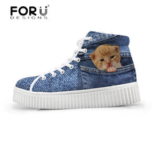 Load image into Gallery viewer, Youwuji Fashion Stylish Womens High Top Platform Shoes,Cute Pet Cat Blue Denim Printed Shoes for Ladies,Casual Lace-up Shoes Flats
