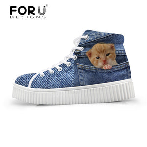 Youwuji Fashion Stylish Womens High Top Platform Shoes,Cute Pet Cat Blue Denim Printed Shoes for Ladies,Casual Lace-up Shoes Flats