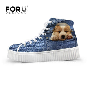 Youwuji Fashion Stylish Womens High Top Platform Shoes,Cute Pet Cat Blue Denim Printed Shoes for Ladies,Casual Lace-up Shoes Flats