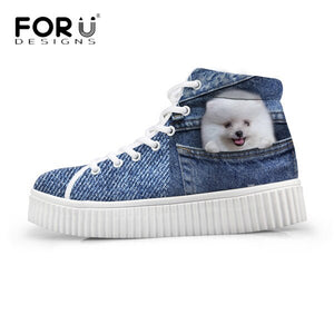 Youwuji Fashion Stylish Womens High Top Platform Shoes,Cute Pet Cat Blue Denim Printed Shoes for Ladies,Casual Lace-up Shoes Flats