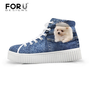 Youwuji Fashion Stylish Womens High Top Platform Shoes,Cute Pet Cat Blue Denim Printed Shoes for Ladies,Casual Lace-up Shoes Flats