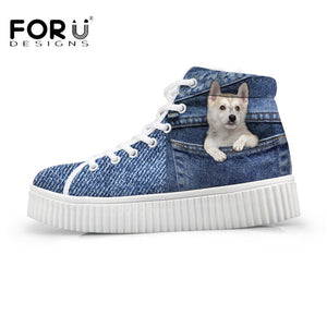 Youwuji Fashion Stylish Womens High Top Platform Shoes,Cute Pet Cat Blue Denim Printed Shoes for Ladies,Casual Lace-up Shoes Flats