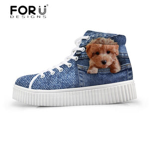 Youwuji Fashion Stylish Womens High Top Platform Shoes,Cute Pet Cat Blue Denim Printed Shoes for Ladies,Casual Lace-up Shoes Flats