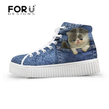 Load image into Gallery viewer, Youwuji Fashion Stylish Womens High Top Platform Shoes,Cute Pet Cat Blue Denim Printed Shoes for Ladies,Casual Lace-up Shoes Flats
