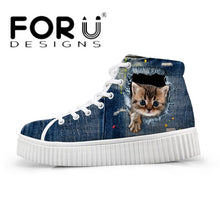 Load image into Gallery viewer, Youwuji Fashion Stylish Womens High Top Platform Shoes,Cute Pet Cat Blue Denim Printed Shoes for Ladies,Casual Lace-up Shoes Flats
