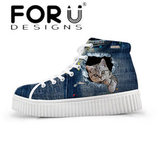 Load image into Gallery viewer, Youwuji Fashion Stylish Womens High Top Platform Shoes,Cute Pet Cat Blue Denim Printed Shoes for Ladies,Casual Lace-up Shoes Flats
