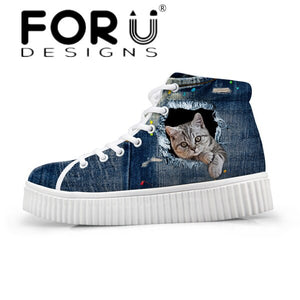 Youwuji Fashion Stylish Womens High Top Platform Shoes,Cute Pet Cat Blue Denim Printed Shoes for Ladies,Casual Lace-up Shoes Flats