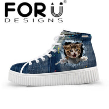 Load image into Gallery viewer, Youwuji Fashion Stylish Womens High Top Platform Shoes,Cute Pet Cat Blue Denim Printed Shoes for Ladies,Casual Lace-up Shoes Flats
