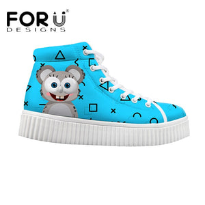 Youwuji Fashion Blue Cute Cartoon Cat Pattern Women High Top Flats Shoes Fashion Women's Casual Sneakers Platform Height Increasing