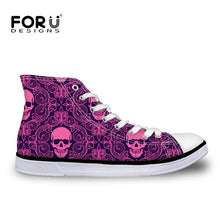 Load image into Gallery viewer, Youwuji Fashion Punk Skull Pattern Women High Top Lace-up Vulcanize Shoes Flats Women&#39;s Sneakers Shoes Woman Fashion Canvas
